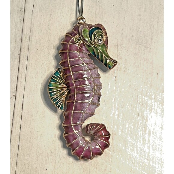 Vtg Cloisonne Enamel SEA HORSE Ornament Purple Green Gold Trim Decorative Art - Picture 3 of 7
